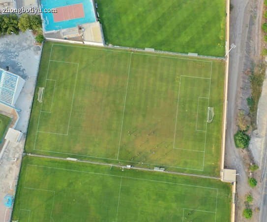 An aerial view of a sports complex featuring multiple green grass fields, including football pitches with marked goalposts. Adjacent to the fields is a blue-roofed building and a smaller area with a tennis or basketball court. Surrounding the complex, there's a road lined with trees and a dirt area with sparse vegetation.